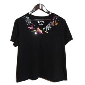 Coral Bay Halloween Tee XL Black Jeweled Embellished Shirt Spider Web Bats